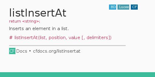 listInsertAt Code Examples and CFML Documentation